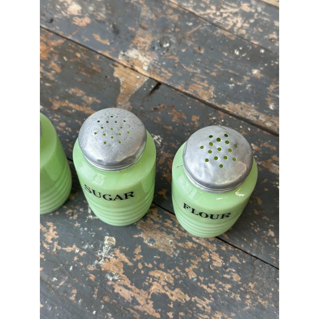 Metal Vintage Jeanette Glass Jadeite Shakers, Set of Four, Circa 1950s For Sale - Image 7 of 14