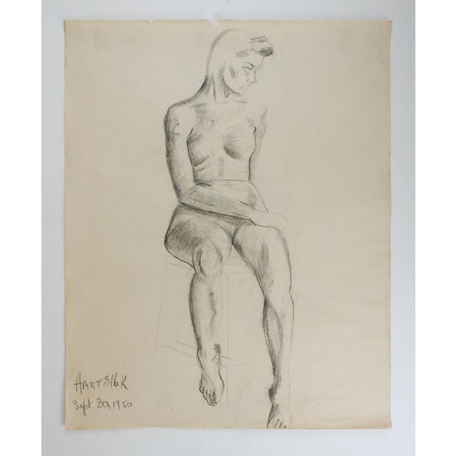 Vintage 1950 charcoal on paper quick study drawing of woman by Geneva Flores Hart (1906-2008) Texas. Signed, dated lower...