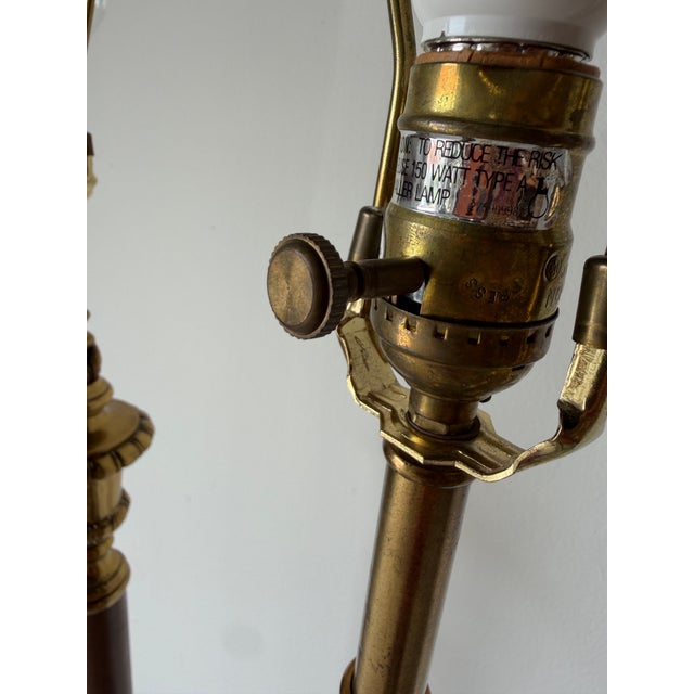 Vintage Neoclassical Style Brass & Leather Column Floor Lamps — A Pair For Sale - Image 9 of 12