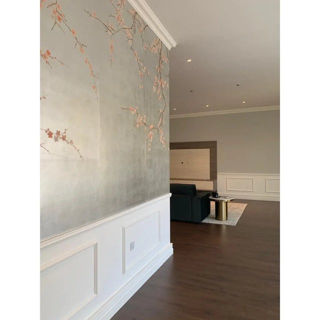 Art Deco Plum Blossom Mural Hand Painted Wallpaper on Silver Metallic - 5 Panels For Sale - Image 3 of 5