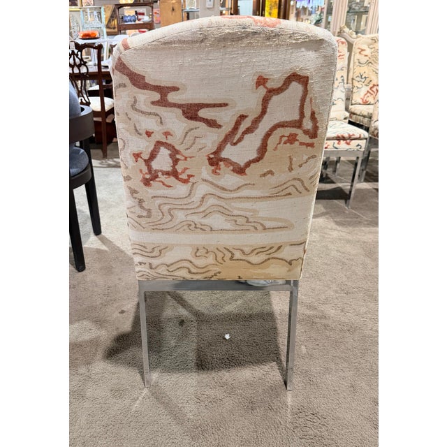 Early 21st Century Cream, Blue & Red Set of 8 Attributed to Milo Baughman Chrome MCM Dining Chairs For Sale - Image 5 of 8