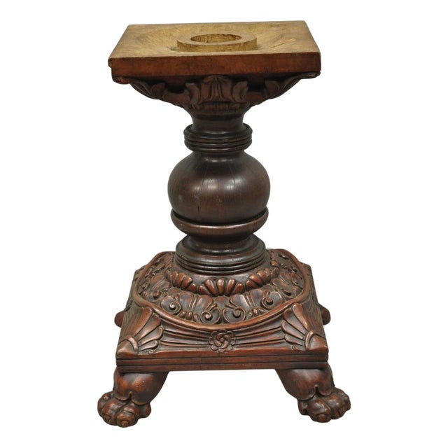 Antique American Empire Carved Mahogany Cannonball Paw Foot Pedestal Table Base For Sale