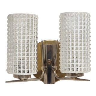 Vintage Enameled Glass, Brass and Nickel Two Light Wall Sconce For Sale
