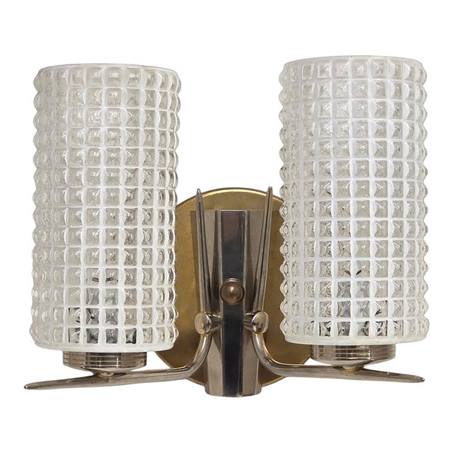 Vintage Enameled Glass, Brass and Nickel Two Light Wall Sconce For Sale