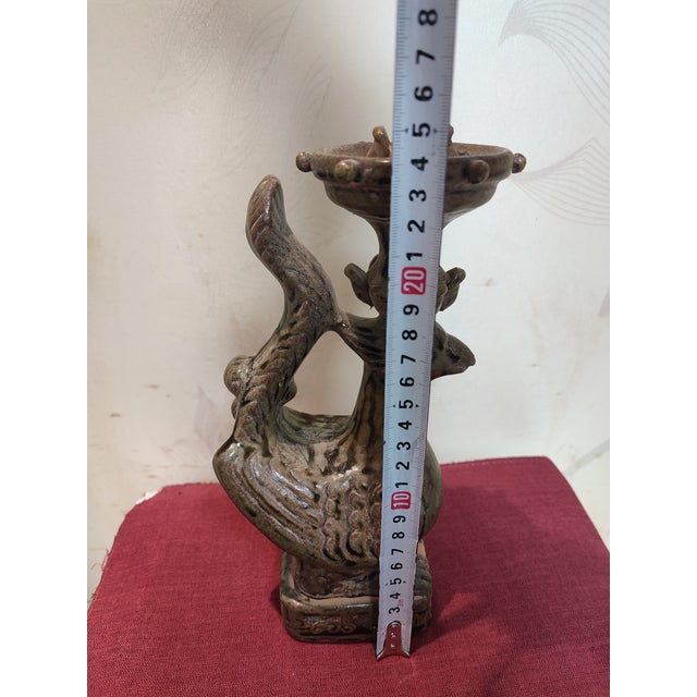 Celadon Chinese Ceramic Oil Lamp Hand Carved Yue Ware Celadon Phoenix Statue Oil Lamp For Sale - Image 8 of 11