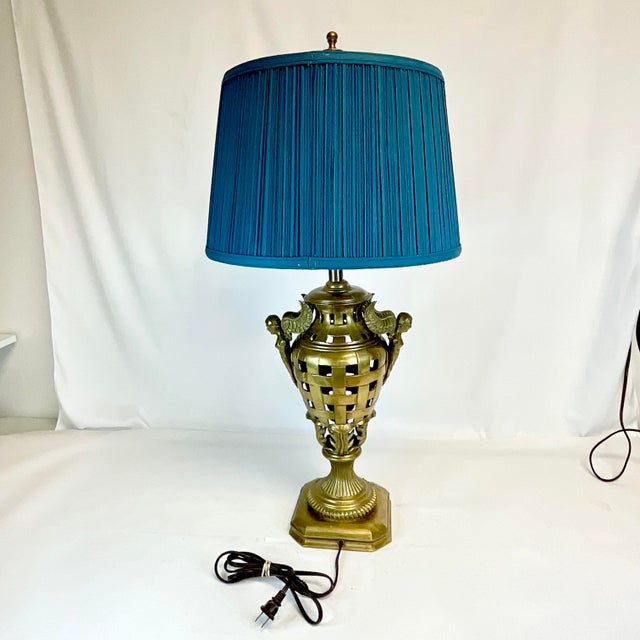 Vintage Art Deco Hollywood Regency Mediterranean Winged Nike Greek Goddess Brass Table Lamp, New Pleated Shade For Sale - Image 11 of 14