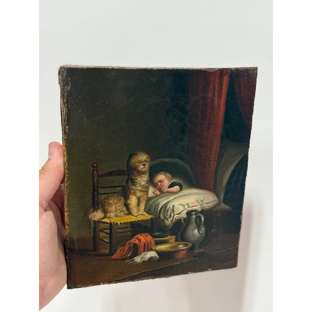 Black Continental School Interior Scene of a Sleeping Child and Watchful Dog, 19th C For Sale - Image 8 of 9
