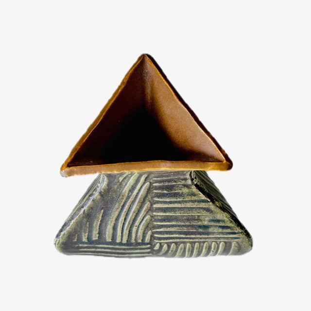 Gary DiPasquale, Postmodern Slip-Cast Stoneware Bud Vase, Geometric 3-Sided Flared Triangular - Olive Green For Sale - Image 4 of 11