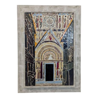 Handmade Mosaic Art: Cathedral Entrance With Rustic Wooden Frame For Sale