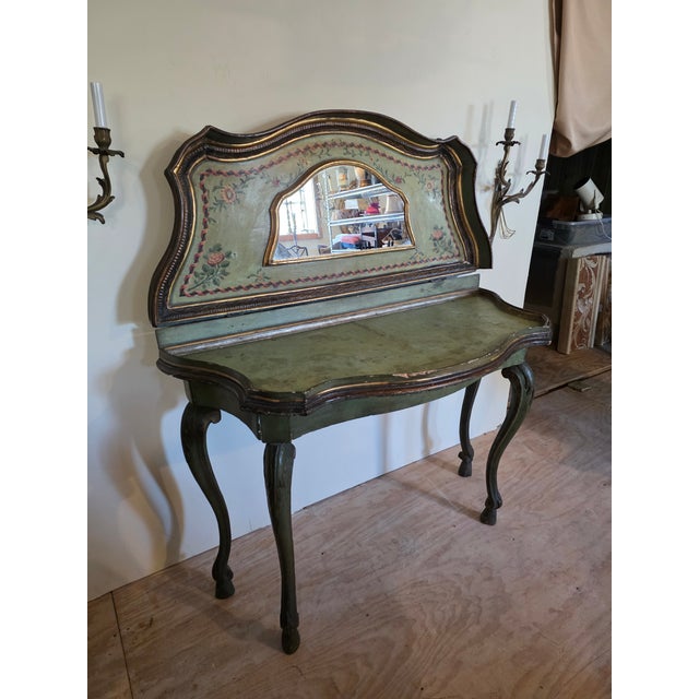 Beautiful rare 18th Century elements hand painted cardboard and wood console table that opens to be a dressing table with...