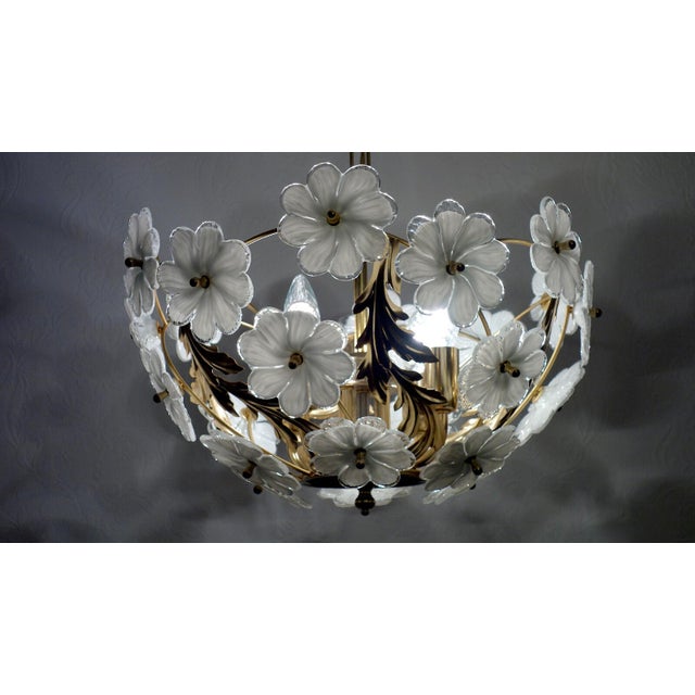 Gilded Metal and Glass Flower 4-Light Chandelier, 1990s, in Very Good conditions. Designed 1990 to 1999 I have official...