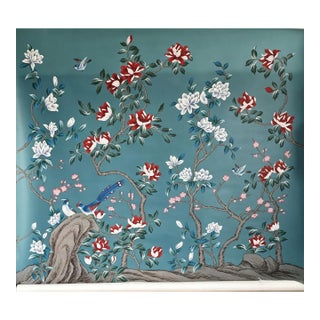 Hand Painted Teal Chinoiserie Magnolia & Long‑Tailed Bird Mural Panel For Sale