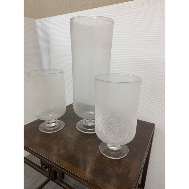 Contemporary Frosted Glass Cylindrical Hurricane Vases, Set of Three For Sale - Image 3 of 12