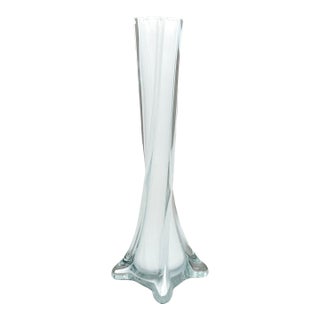 Vintage MCM Twisted White Cased Clear Glass Bud Vase For Sale