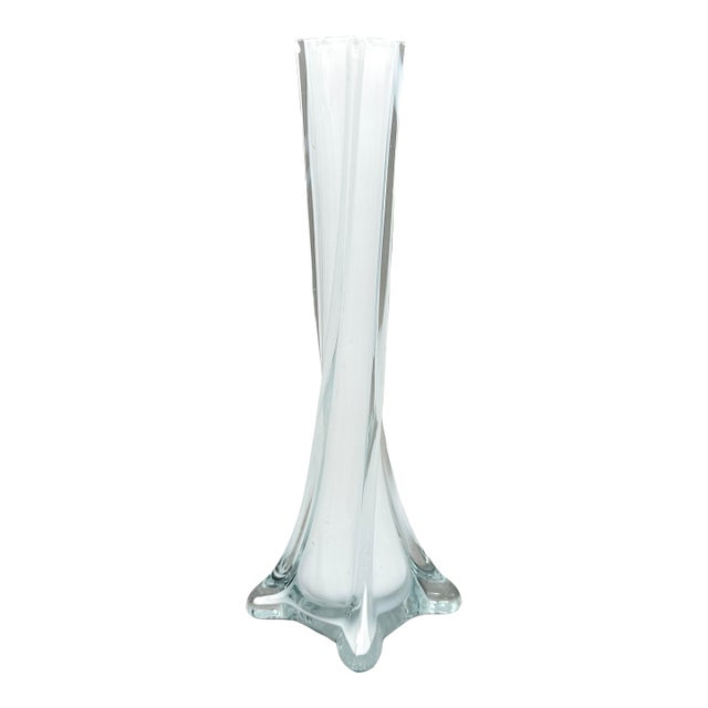 Vintage MCM Twisted White Cased Clear Glass Bud Vase For Sale
