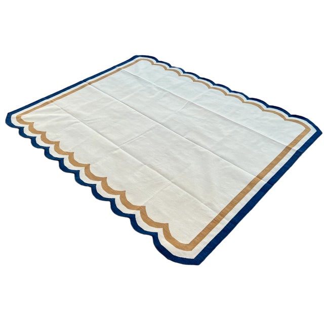 Not Yet Made - Made To Order Handmade Cotton Vegetable Dyed Scalloped Rug Cream, Mustard and Navy Blue Border - 10'x14' For Sale - Image 11 of 11