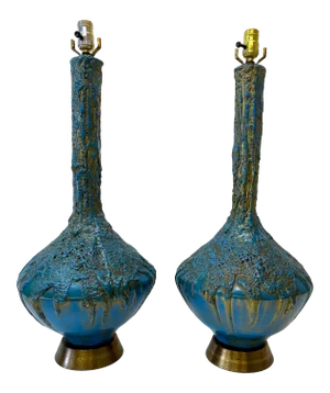 Mid 20th Century Blue & Gold Lava Glaze Table Lamps C.1950