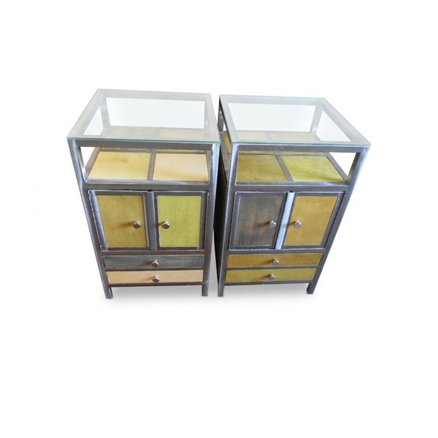 Pair of Venezia Furniture Industrial Modern Steel & Stained Wood Nightstands / End Tables With Glass Tops For Sale - Image 4 of 16