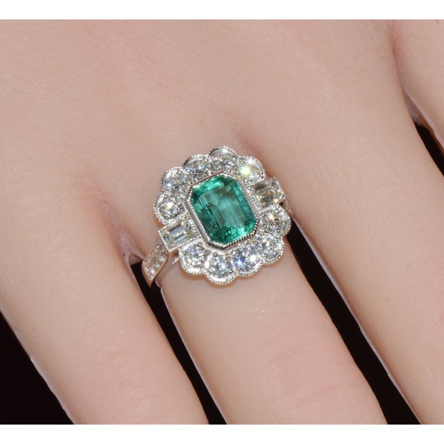 Gia Certified 2.53ct Natural Zambian Emerald & Diamond Halo Milgrain 18k White Gold Ring, Size 5 For Sale - Image 4 of 16
