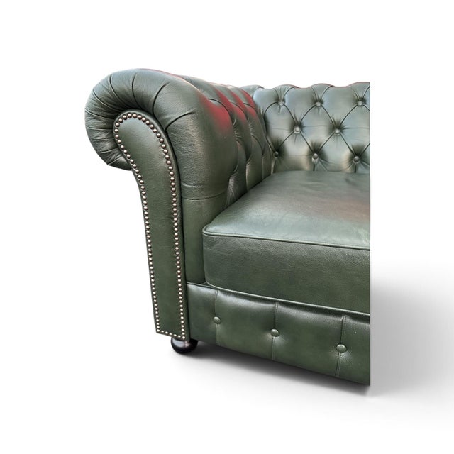 Chesterfield Three-Seater Sofas in Green Leather, Set of 2 For Sale - Image 6 of 8