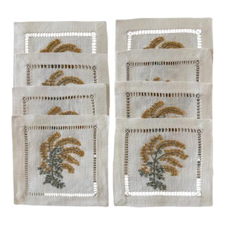 1990s Sferra Linen Embroidered Floral Cocktail Napkins - Set of 8 For Sale