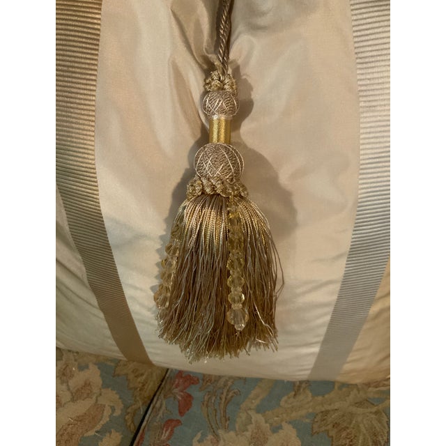 22” Couture‑Inspired Silk‑Like Satin Jacquard Pillows With Tassel & Metal Keeper – Feather Filled – Pair For Sale In New Orleans - Image 6 of 7
