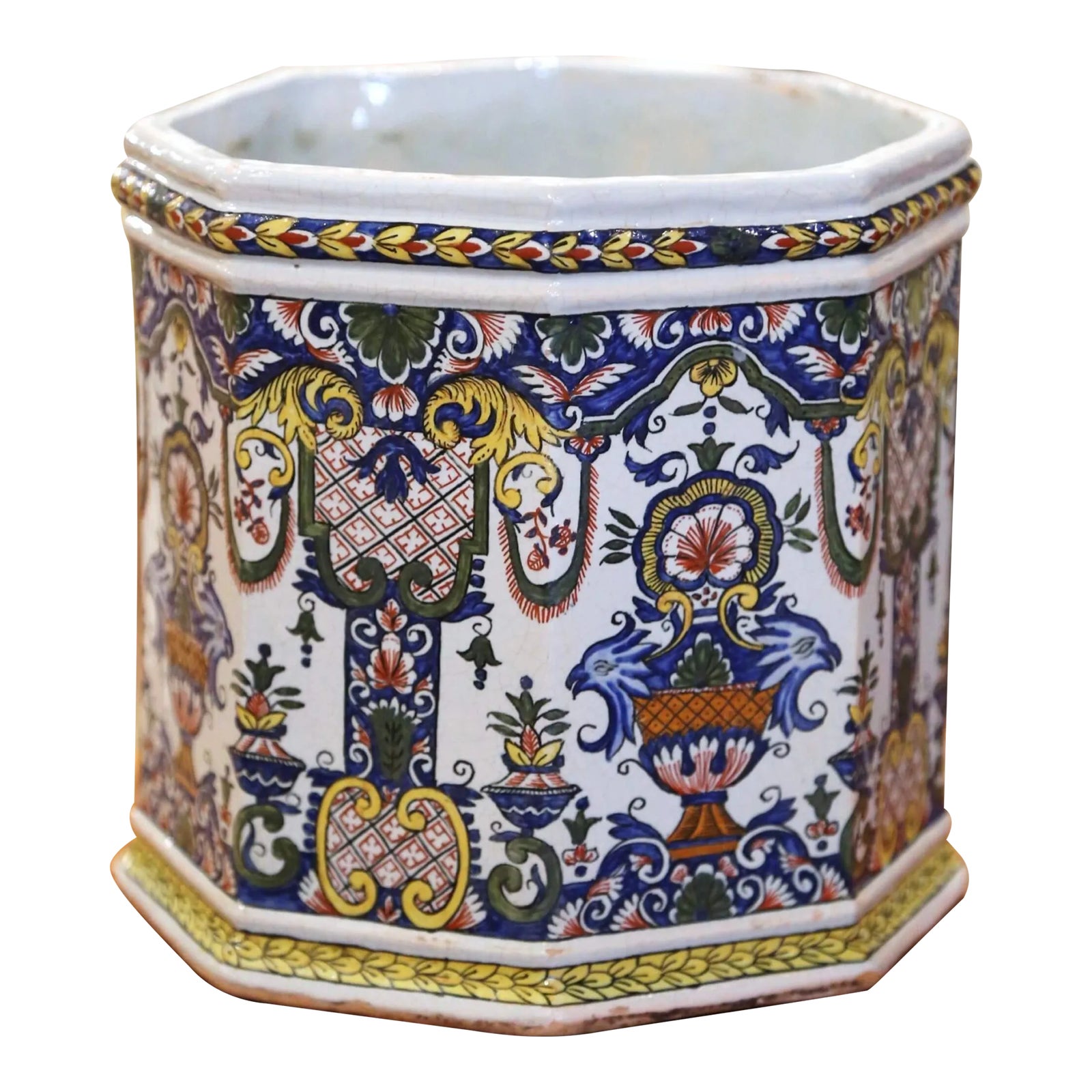 19th Century French Hand-Painted Faience Cache Pot From Rouen | Chairish
