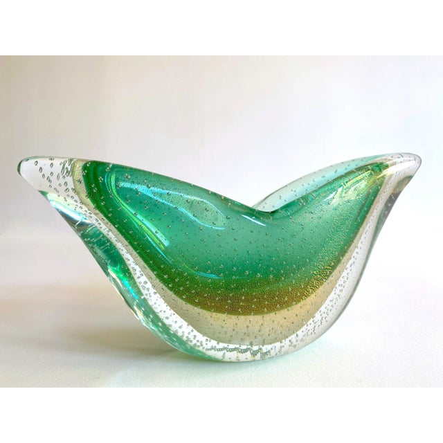 This Barovier & Toso vintage Mid Century Modernist Murano art glass pistachio green gold leaf fleck Bullicante winged...