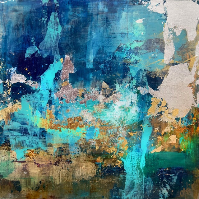 Deep Dive 2 by Brian O'Neill | Acrylic on panel Abstract seascape with gold leaf accents For Sale