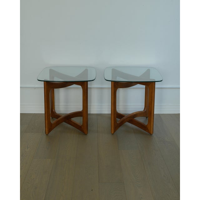 Attributed to Adrian Pearsall Walnut & Glass Top Side Tables, Pair, 1970s For Sale - Image 11 of 11