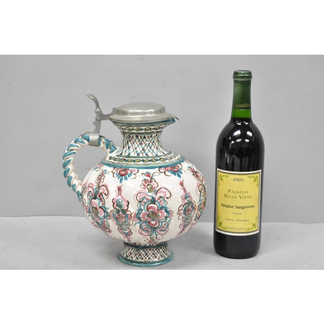 Vintage Keck Keramik Hand Painted Ceramic Pottery German Stein Wine Pitcher with Pewter Lid. Circa Late 20th Century....