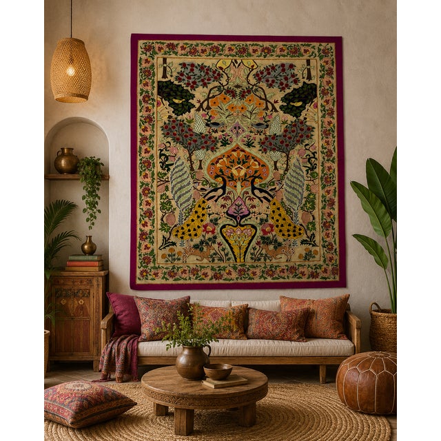 A stunning vintage silk embroidered textile featuring an elaborate symmetrical peacock garden scene inspired by classical...