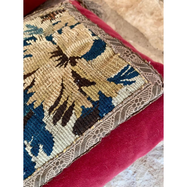 Shabby Chic Antique 18th Century European Verdure Tapestry Fragment Velvet Pillows With Bullion Fringe- A Matching Pair For Sale - Image 3 of 10