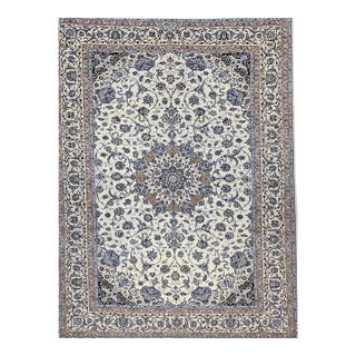 Vintage Exceptionally Fine Persian Nain Habibian Area Rug, Hand-Knotted Wool & Silk, Floral Pattern, 7x10, Ivory & Blue For Sale