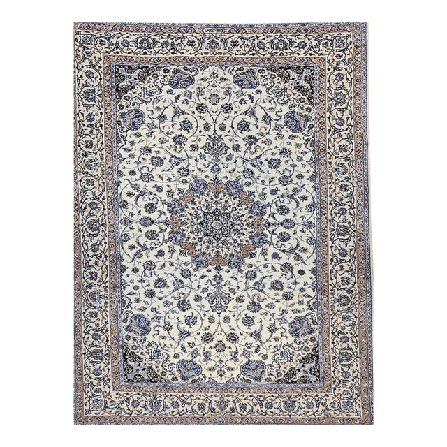 Vintage Exceptionally Fine Persian Nain Habibian Area Rug, Hand-Knotted Wool & Silk, Floral Pattern, 7x10, Ivory & Blue For Sale