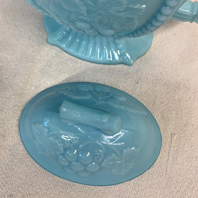 Farmhouse 1920s Westmoreland Blue Milk Glass Grape and Cherry Patterned Creamer Pitcher With Lid For Sale - Image 3 of 4