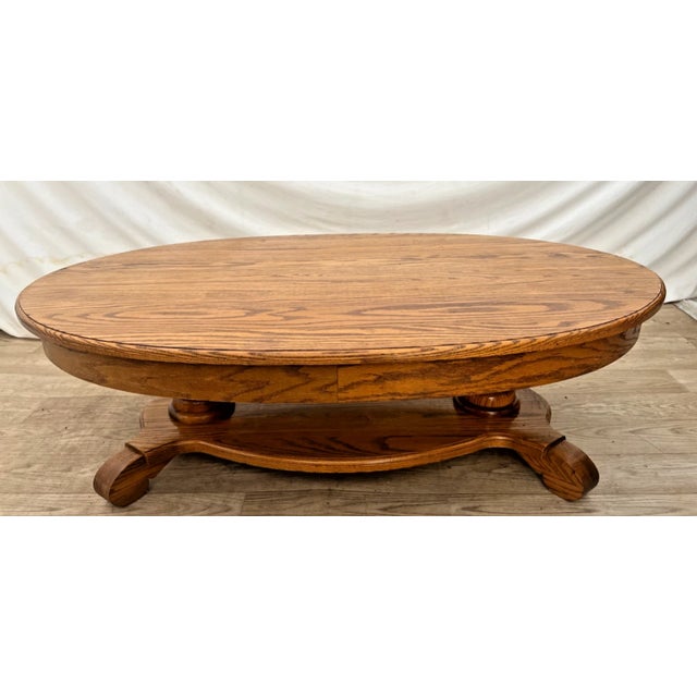 Oval Coffee Table Tiger Oak, Center Drawer, Shelf, Empire Style, Made by Heirloom Enterprises Inc. For Sale In Palm Springs - Image 6 of 12