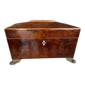 Antique Regency Yew Burled Footed Tea Caddy