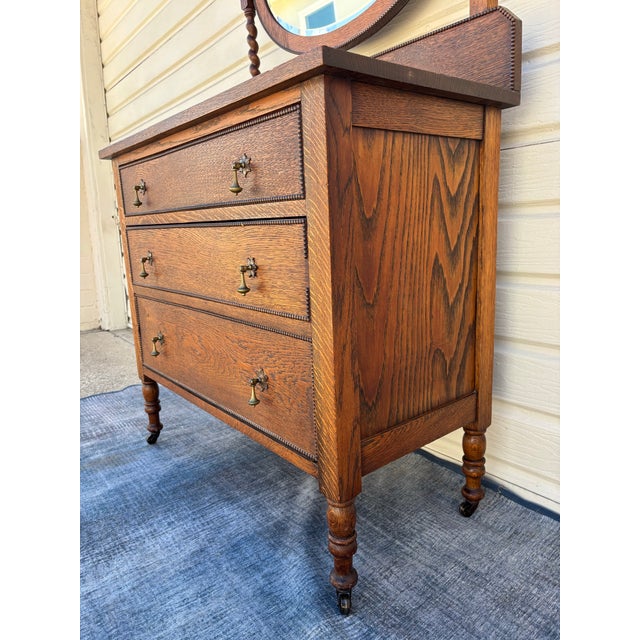 Antique Oak Barley Twist Vanity / 3-Drawer Dresser on Casters With Beveled Swivel Mirror For Sale In Los Angeles - Image 6 of 9