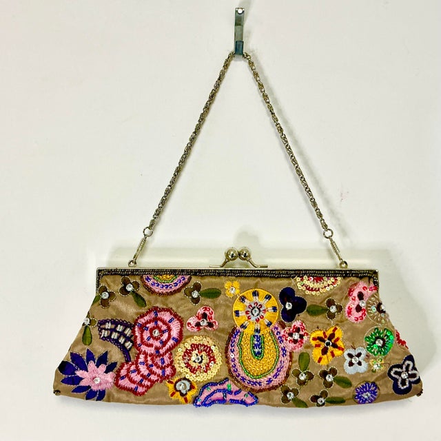 Art Nouveau 1960s Vintage Art Nouveau Boho Chic Hollywood Regency Hand Beaded Evening Bag Clutch. For Sale - Image 3 of 12