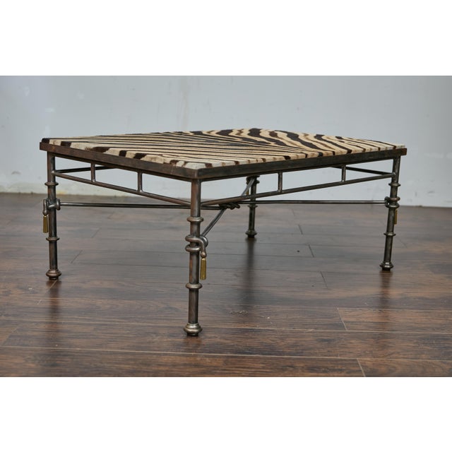 Mid-Century Modern Eclectic Midcentury Zebra Hide Top Metal Coffee Table with Petite Gilt Tassels For Sale - Image 3 of 12