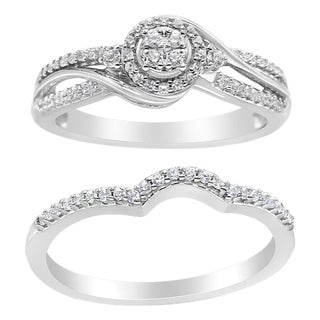 .925 Sterling Silver 1/3 Cttw Composite Diamond Frame Bypass Bridal Set Ring and Band (I-J Color, I2-I3 Clarity) - Ring Size 7 For Sale