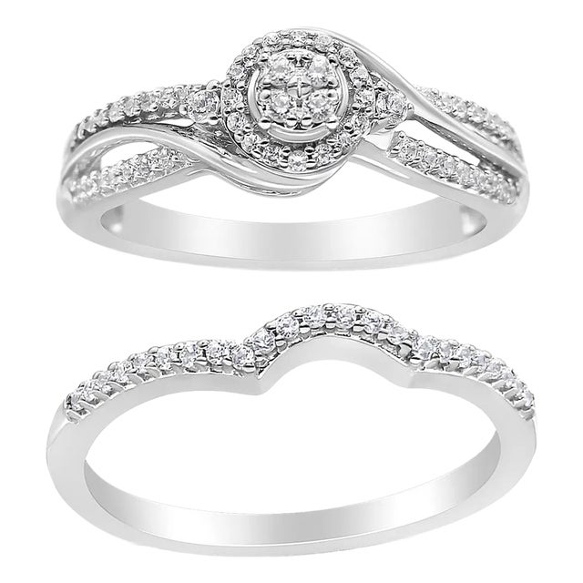 .925 Sterling Silver 1/3 Cttw Composite Diamond Frame Bypass Bridal Set Ring and Band (I-J Color, I2-I3 Clarity) - Ring Size 7 For Sale