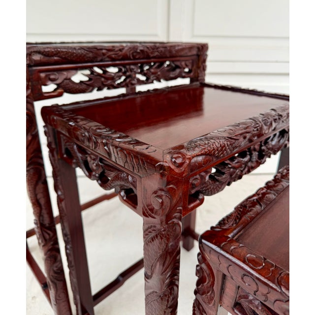 Set of 3 Asian Chinese Carved Rosewood Nesting Tables For Sale - Image 12 of 12