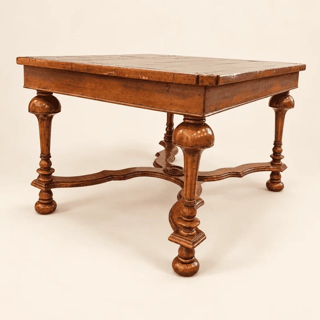 A William and Mary style coffee table with more presence than its size suggests. Four bold inverted-cup legs sit on bun...