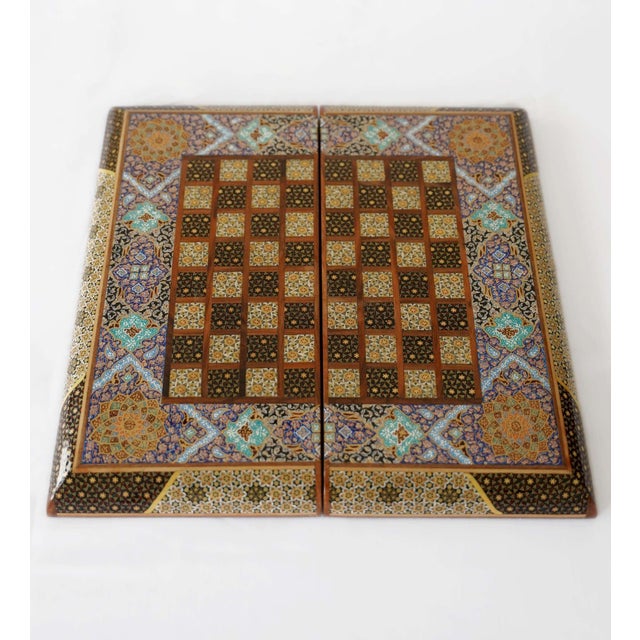 Compact Khatam Marquetry and Tazhib Chess & Backgammon Set With Mother-of-Pearl For Sale - Image 6 of 6