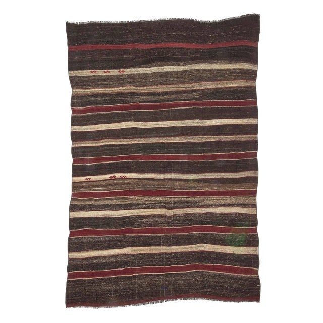 Vintage Turkish Burgundy & Gray Striped Kilim Rug - 6′2″ × 9′3″ For Sale