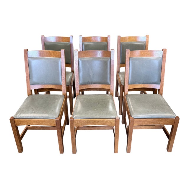 Set of 6 Stickley Mission Oak Leather Cottage Dining Chairs For Sale