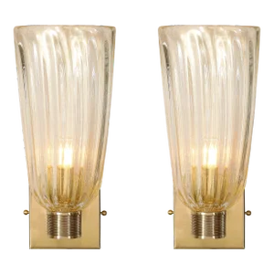 Pair of Modernist Hand-Blown Murano Fluted Glass Sconces W/ 24kt Gold Flecks
