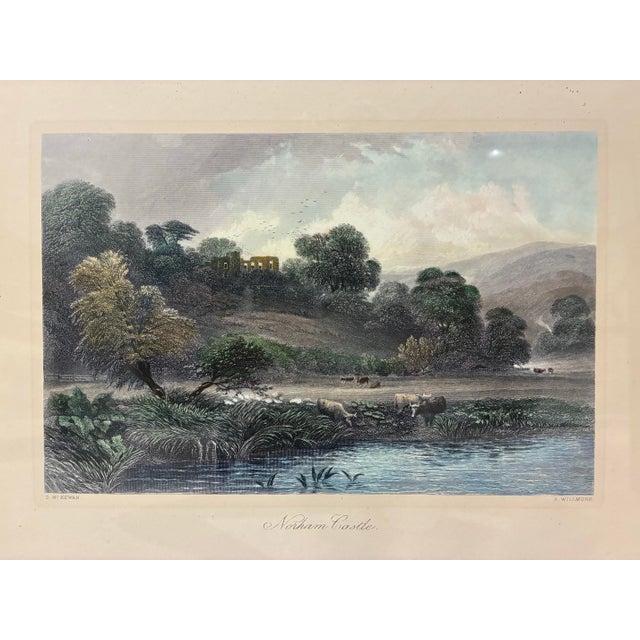 A beautifully detailed English countryside landscape print titled *Norham Castle*, depicting a picturesque pastoral scene...